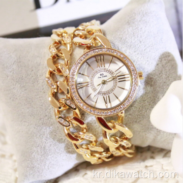 새로운 뜨거운 판매 BS 더블 체인 라인 석 로마 여성 시계 다이아몬드 박힌 럭셔리 패션 스틸 밴드 시계 1329